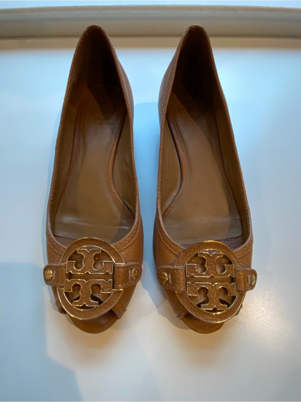 Tory Burch Brown Leather Peep-Toe low wedge with gold logo